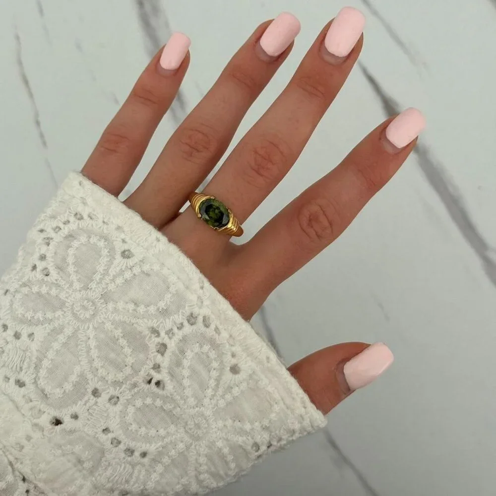 SKU0056 Casual Gold Green Gemstone Women Fashion Ring Stainless steel + gift bag